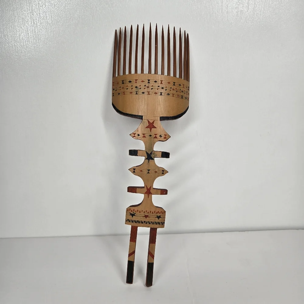 Vintage Hand Carved Wooden Hair‎ Pick Comb Hand Painted Unique Star Design